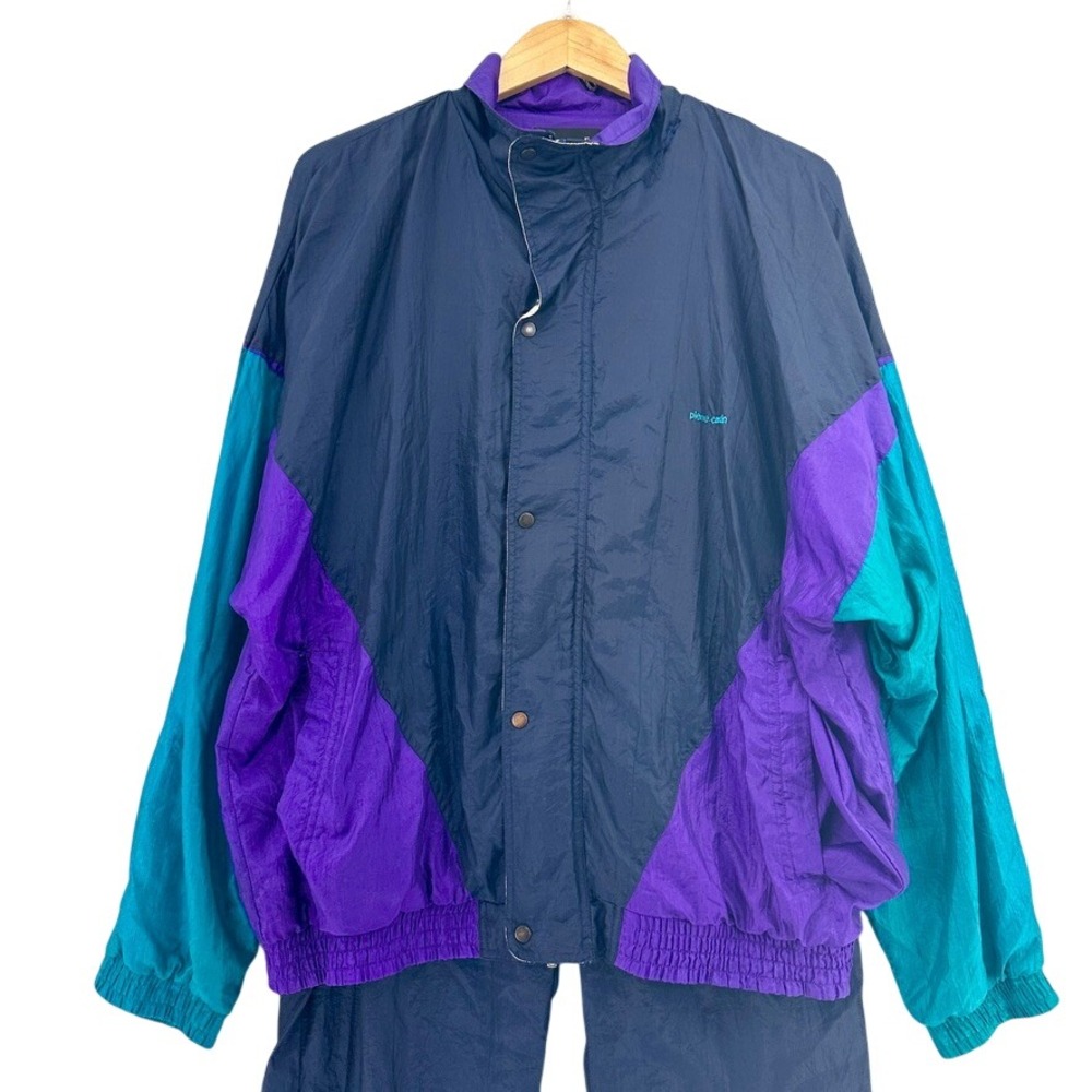 VTG‎ 90s Pierre Cardin Tracksuit L Navy Purple Teal Colorblock Windbreaker READ